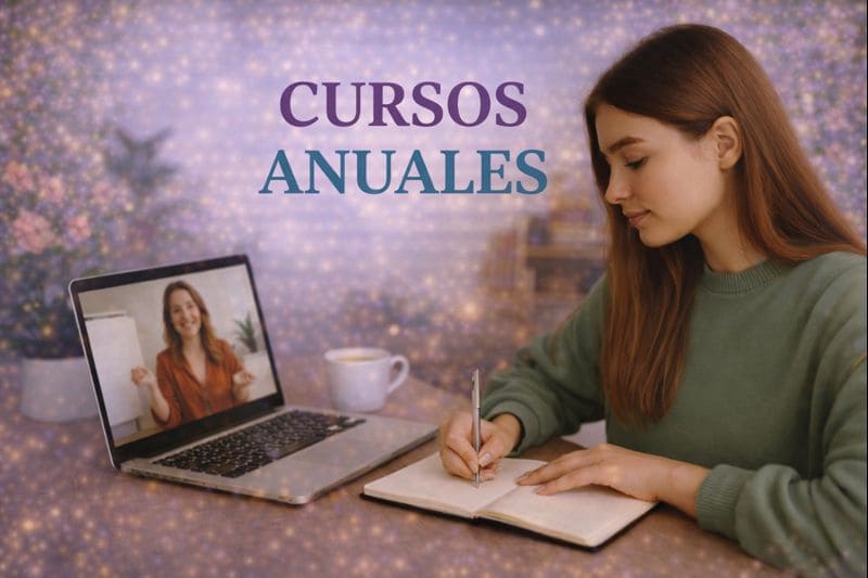 Imagen representativa de cursos anuales online con persona estudiando desde casa, ordenador portátil, cuaderno y ambiente luminoso, simbolizando formación continua y aprendizaje consciente.