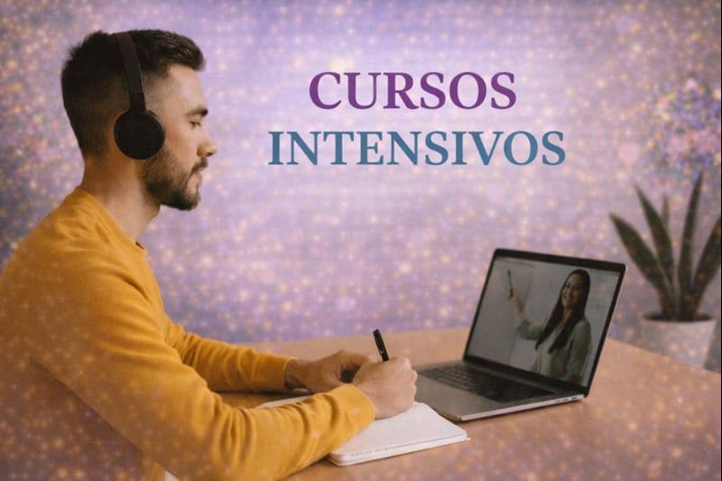 Imagen de cursos intensivos online con persona siguiendo una clase por videollamada, tomando apuntes y aprendiendo en un entorno luminoso y moderno.