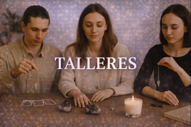 Imagen de talleres presenciales con personas practicando Tarot y técnicas de autoconocimiento, cartas, péndulos, velas y cristales en un ambiente tranquilo y consciente.