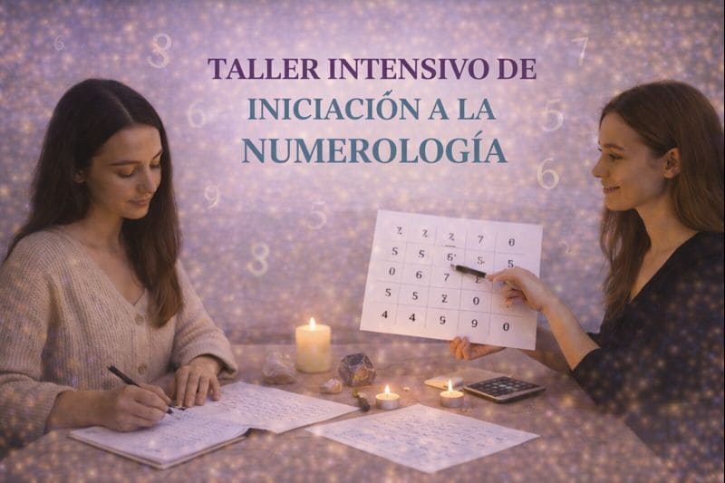 Imagen del Taller Intensivo de Iniciación a la Numerología con personas aprendiendo numerología, trabajando con números personales, cuadernos, velas y cristales en un ambiente luminoso.