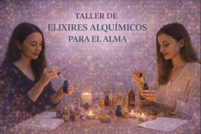 Imagen del Taller de Elixires Alquímicos para el Alma con personas preparando elixires con frascos, cristales, velas y líquidos naturales en un ambiente luminoso y consciente.