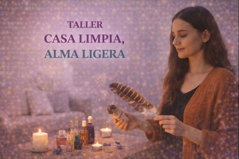 Imagen del Taller Casa Limpia, Alma Ligera con persona realizando una limpieza energética en el hogar usando sahumerio, velas y elementos naturales en un ambiente luminoso.