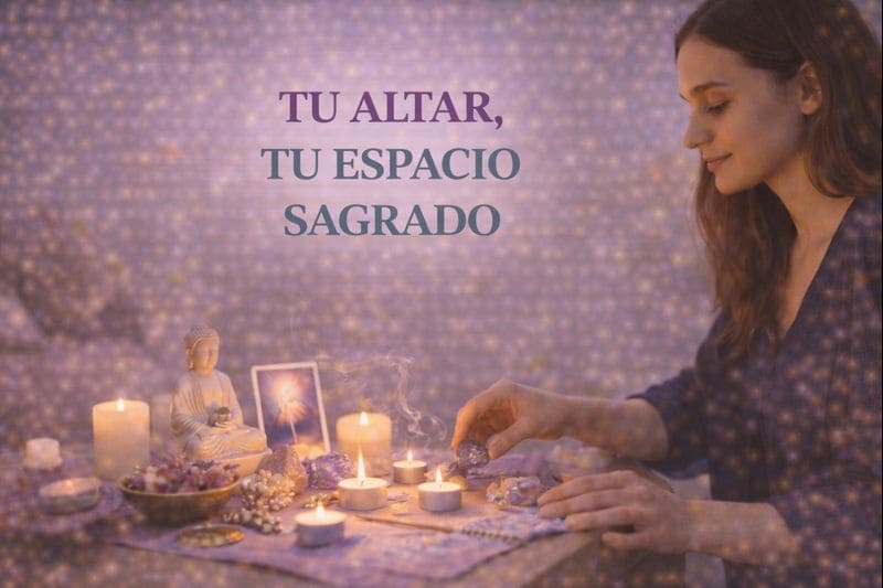 Imagen del taller Tu Altar, Tu Espacio Sagrado con persona creando y activando un altar personal con velas, cristales, incienso y elementos simbólicos en un ambiente luminoso."