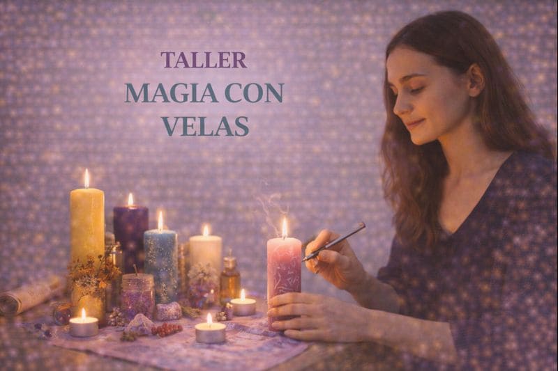 Imagen del Taller Magia con Velas con persona realizando un ritual con velas de distintos colores, cristales y aceites, en un ambiente cálido y consciente.