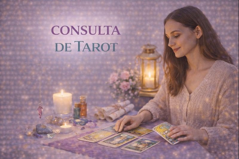 Imagen de consulta de Tarot con lectura de cartas del Tarot Rider Waite, velas y cristales, en un ambiente luminoso y consciente que representa una sesión individual de Tarot.