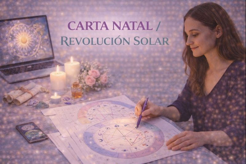 Imagen de Carta Natal y Revolución Solar con interpretación astrológica, cartas astrales, ordenador, velas y cristales en un ambiente luminoso y consciente.