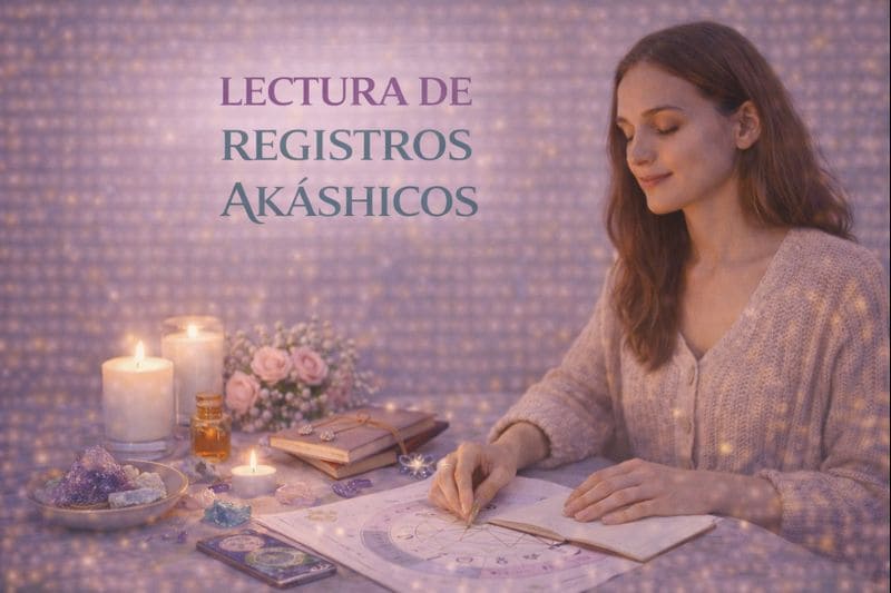 Imagen de Lectura de Registros Akáshicos con persona en sesión individual, velas, cuaderno y elementos simbólicos en un ambiente luminoso y consciente.
