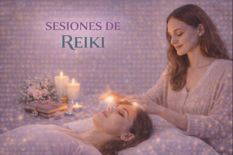 Imagen de sesiones de Reiki con persona recibiendo una sesión energética, manos transmitiendo energía, velas y ambiente luminoso y relajado.