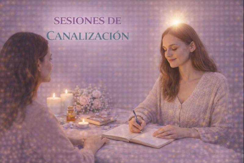 Imagen de sesión de canalización con dos personas sentadas frente a frente, una de ellas escribiendo mensajes canalizados en una libreta, en un ambiente luminoso y consciente."