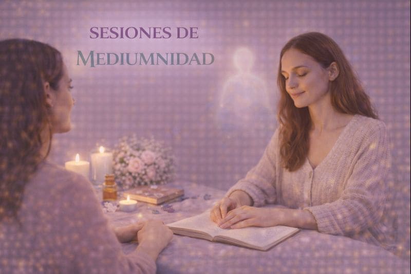 Imagen de sesión de mediumnidad con dos personas sentadas frente a frente en una mesa, en un ambiente luminoso y consciente, durante una sesión de comunicación y acompañamiento.