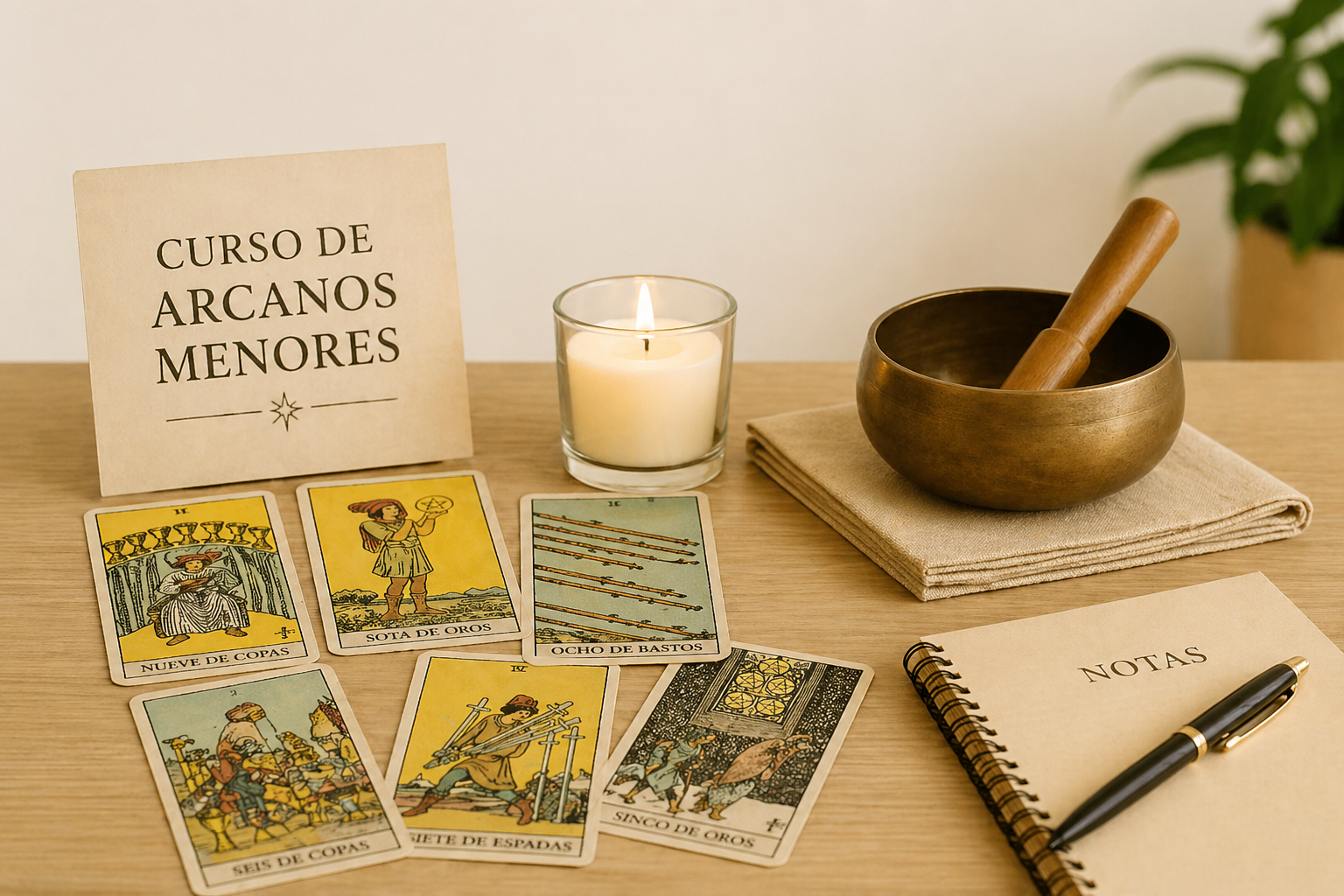 Cartas de arcanos menores del tarot Rider Waite sobre una mesa con vela, cuenco tibetano y cuaderno, representando un curso de tarot