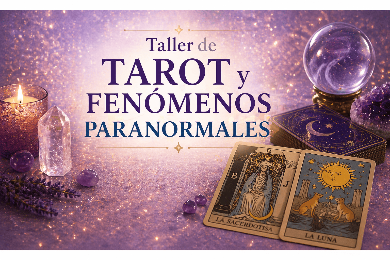 Taller online de Tarot y Fenómenos Paranormales, con cartas de Tarot y energía visual en el fondo, invitando a explorar lo invisible y comprender las energías a través del Tarot.