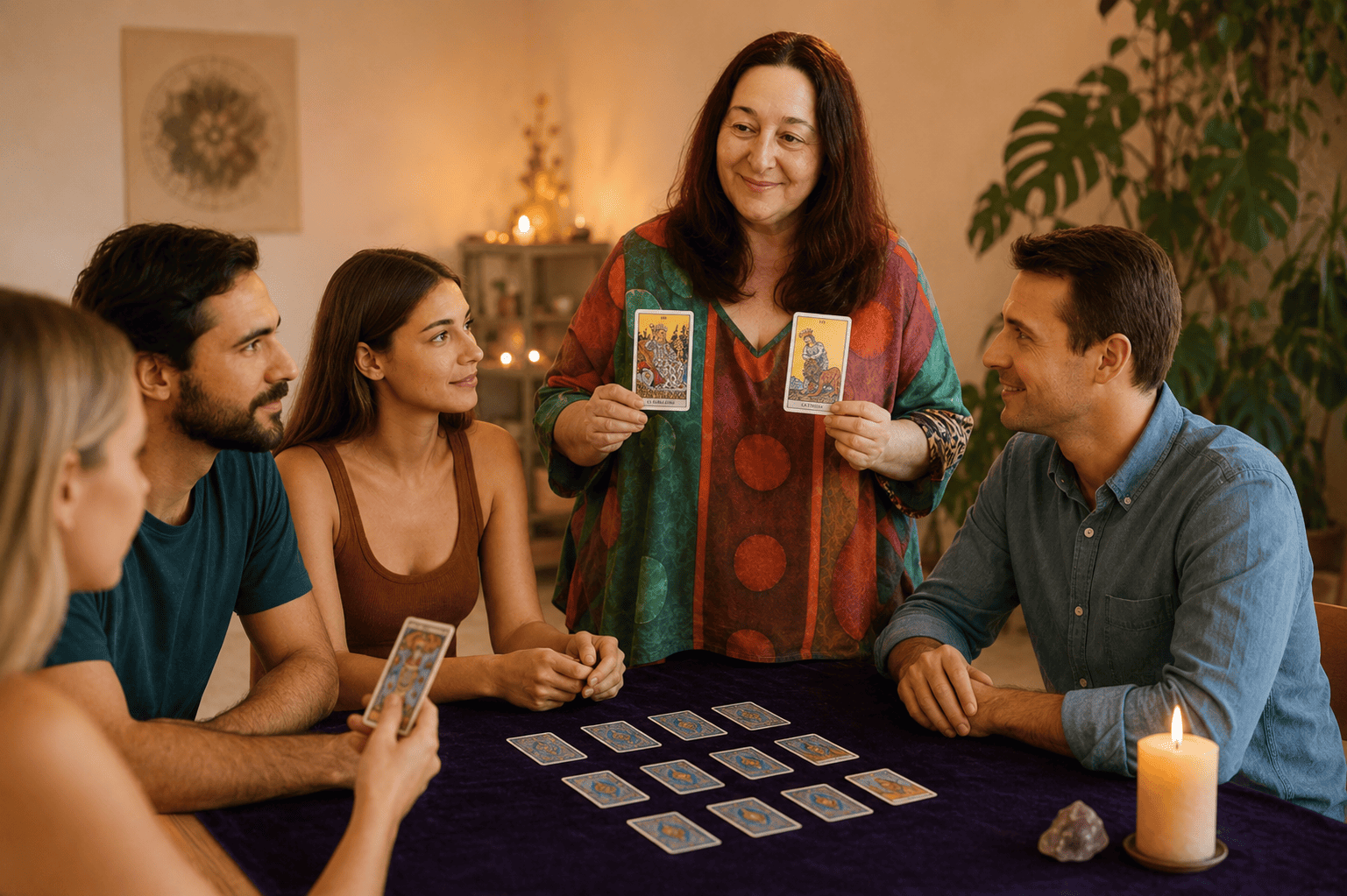 Clase presencial de Tarot en Barcelona con Olga Rull enseñando Arcanos Mayores a un grupo de alumnos en EON Formación.