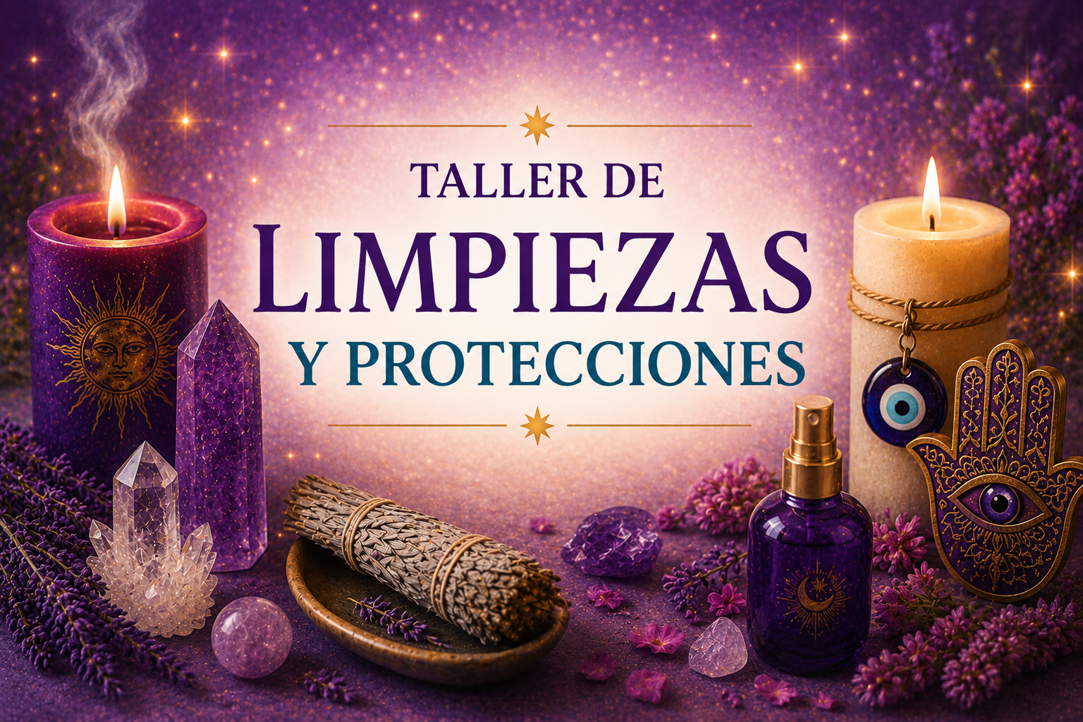 Imagen promocional del Taller de Limpiezas y Protecciones Energéticas de EON Formación con velas, cristales, sahumerio y símbolos de protección en tonos morados y dorados.
