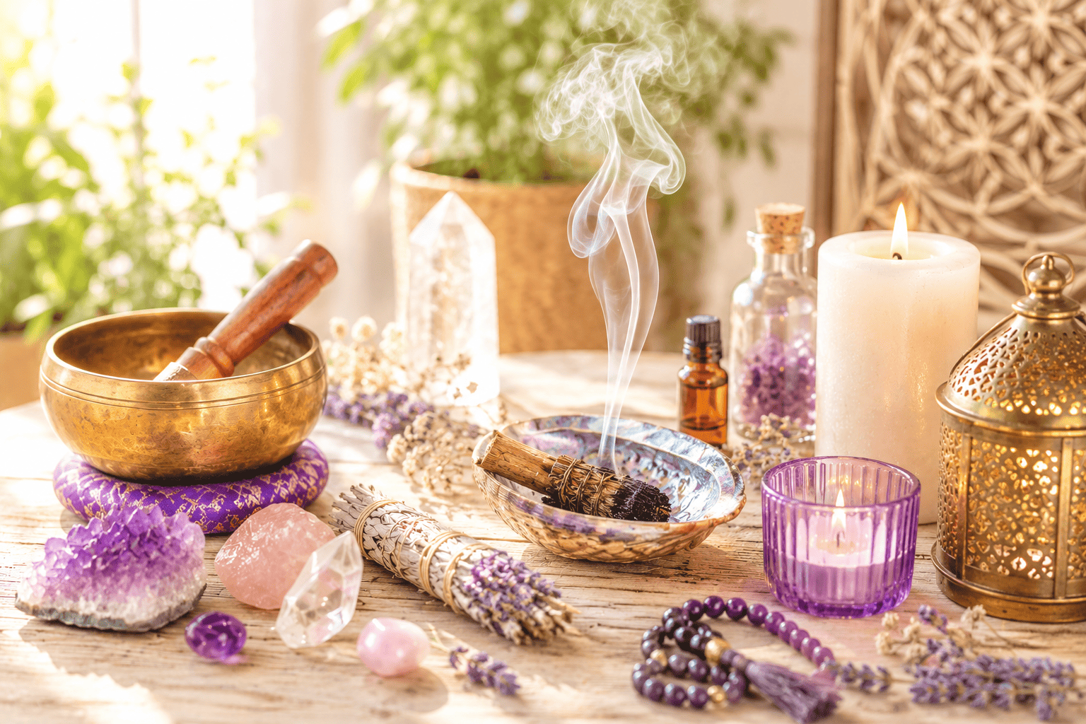 Espacio espiritual luminoso con velas, cristales, sahumerio, cuenco tibetano y elementos de limpieza energética sobre una mesa de madera.