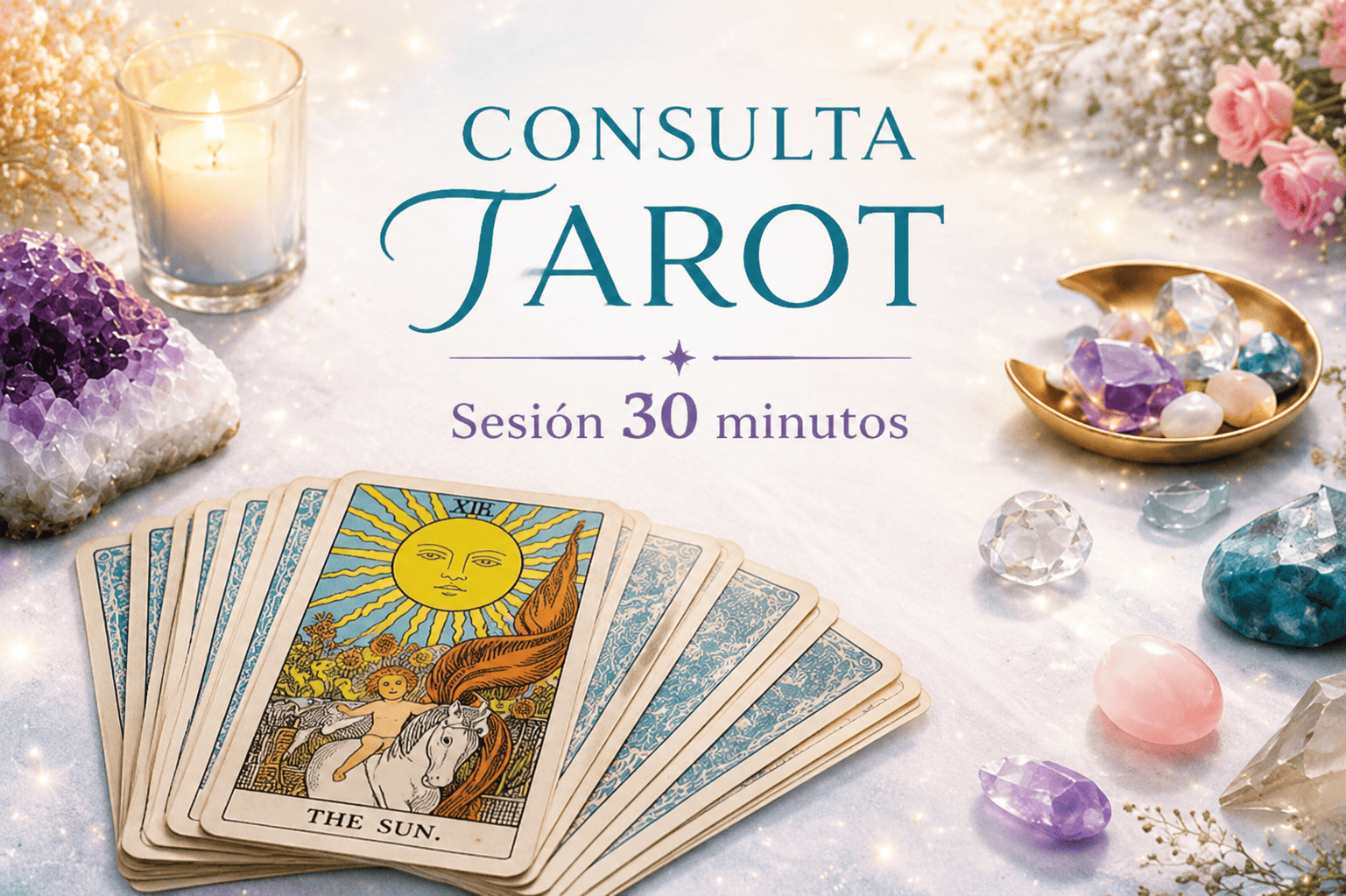 Consulta de Tarot de 30 minutos con cartas Rider Waite, cristales y velas sobre mesa esotérica, sesión online y presencial en Barcelona.