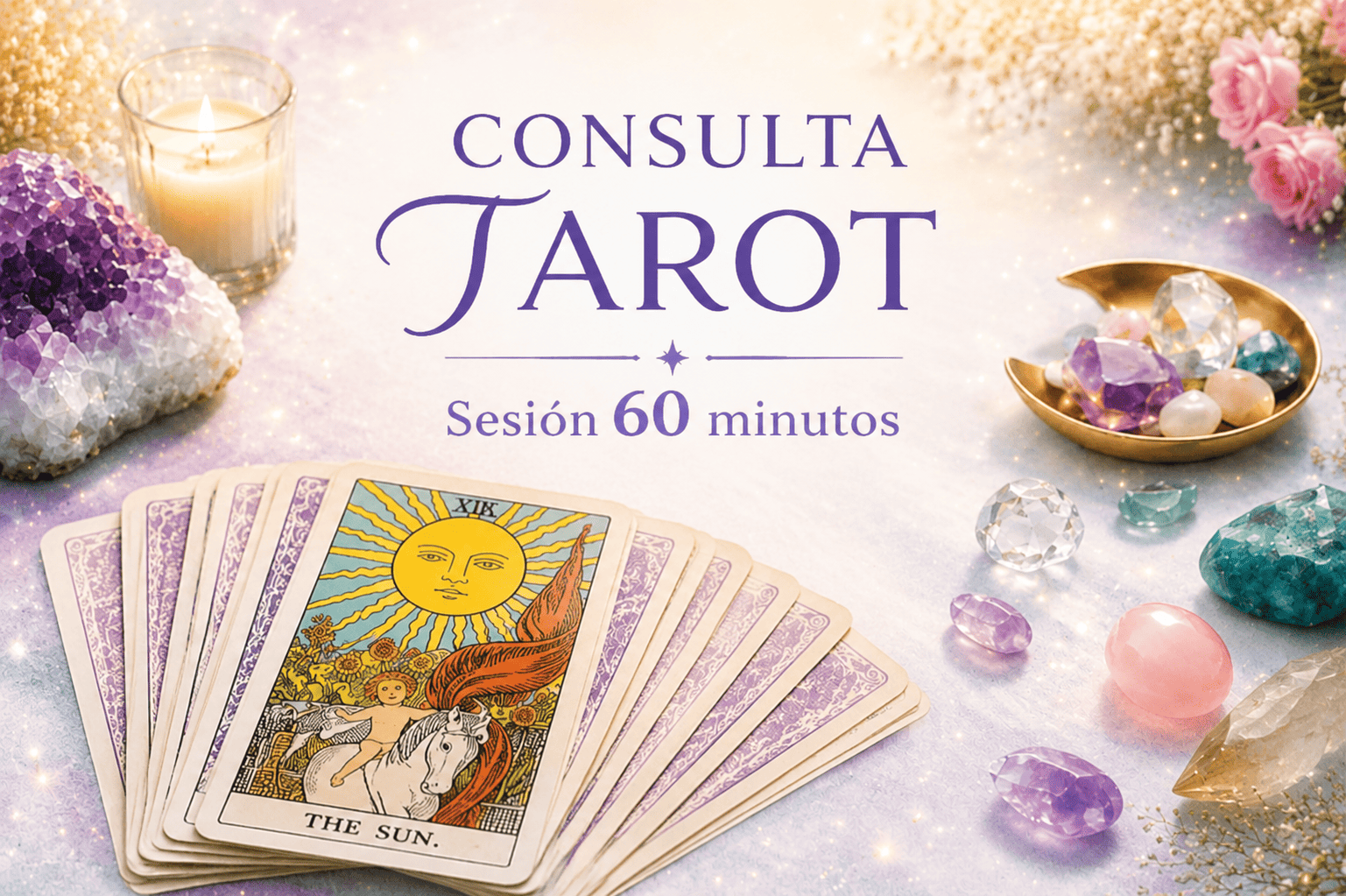 Consulta de Tarot de 60 minutos con cartas Rider Waite, cristales y velas sobre mesa esotérica, sesión online y presencial en Barcelona.
