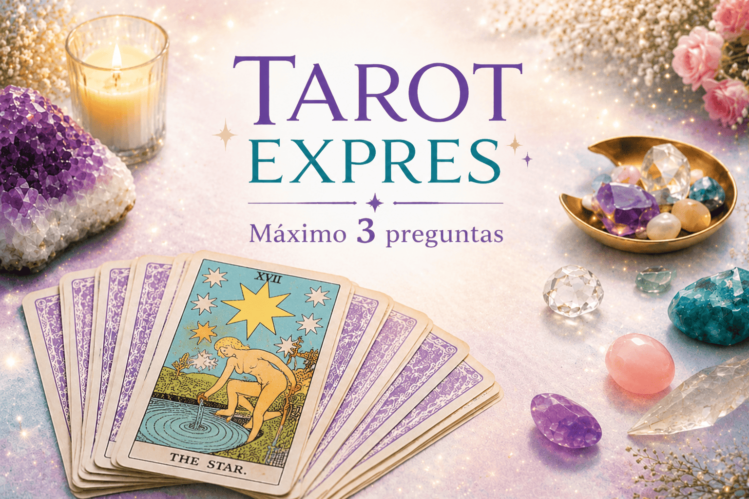 Consulta de Tarot Expres con cartas Rider Waite, cristales y velas sobre mesa esotérica, máximo 3 preguntas, online y presencial en Barcelona.