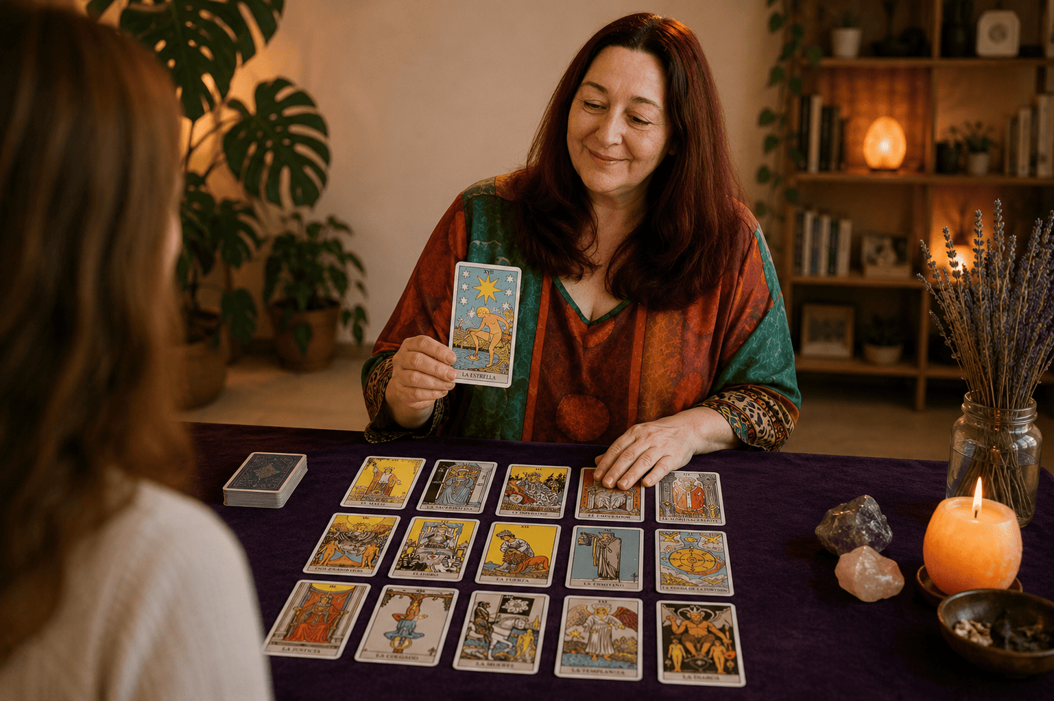 Olga Rull realizando una lectura de Tarot con cartas Rider Waite en una consulta personalizada de desarrollo espiritual