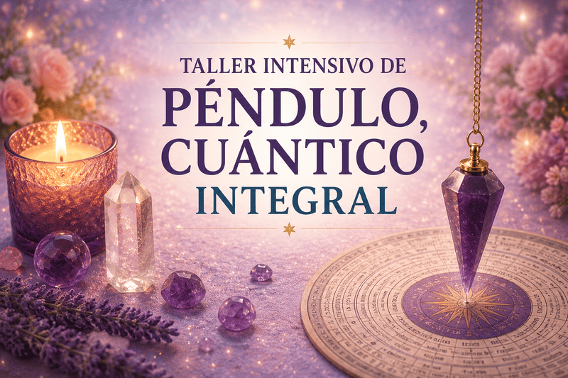 Taller Intensivo de Péndulo Cuántico Integral con péndulo, cristales y elementos energéticos en un entorno místico y luminoso.
