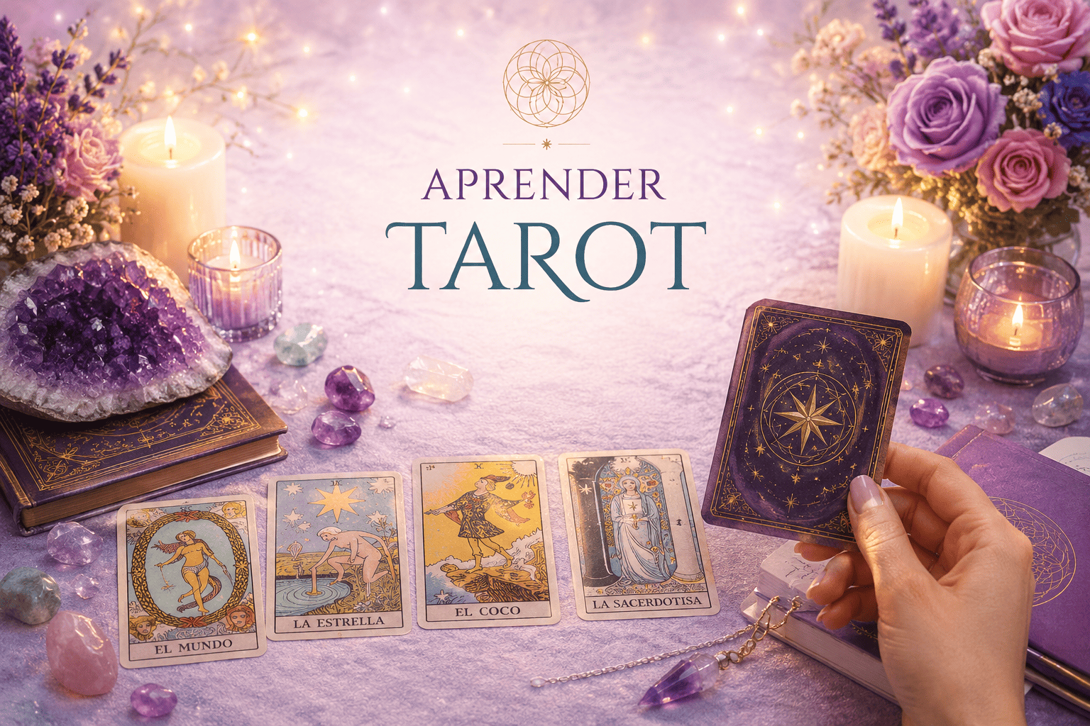 Aprender Tarot en Barcelona con EON Formación. Imagen promocional con cartas del Tarot, cristales, velas y elementos esotéricos que representan la formación presencial en Tarot. Escuela de Tarot en Barcelona especializada en Arcanos Mayores, Arcanos Menores e interpretación práctica del Tarot.