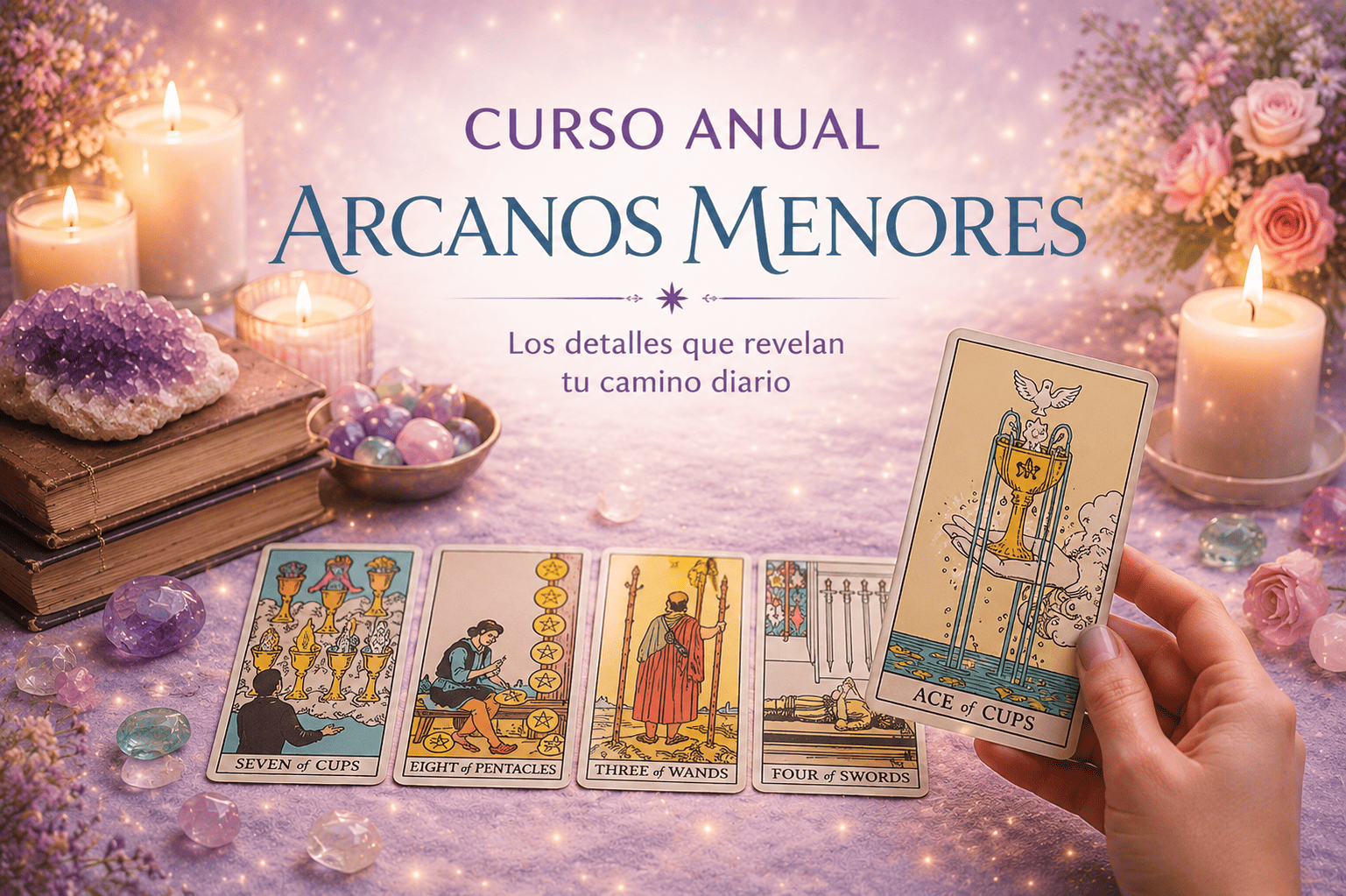 Curso Anual de Arcanos Menores de Tarot en Barcelona. Imagen con cartas de los cuatro palos del Tarot, velas, cristales y elementos esotéricos en un entorno místico. Formación presencial y online para aprender a interpretar los Arcanos Menores, comprender los detalles de una lectura y desarrollar una lectura de Tarot más completa y precisa.