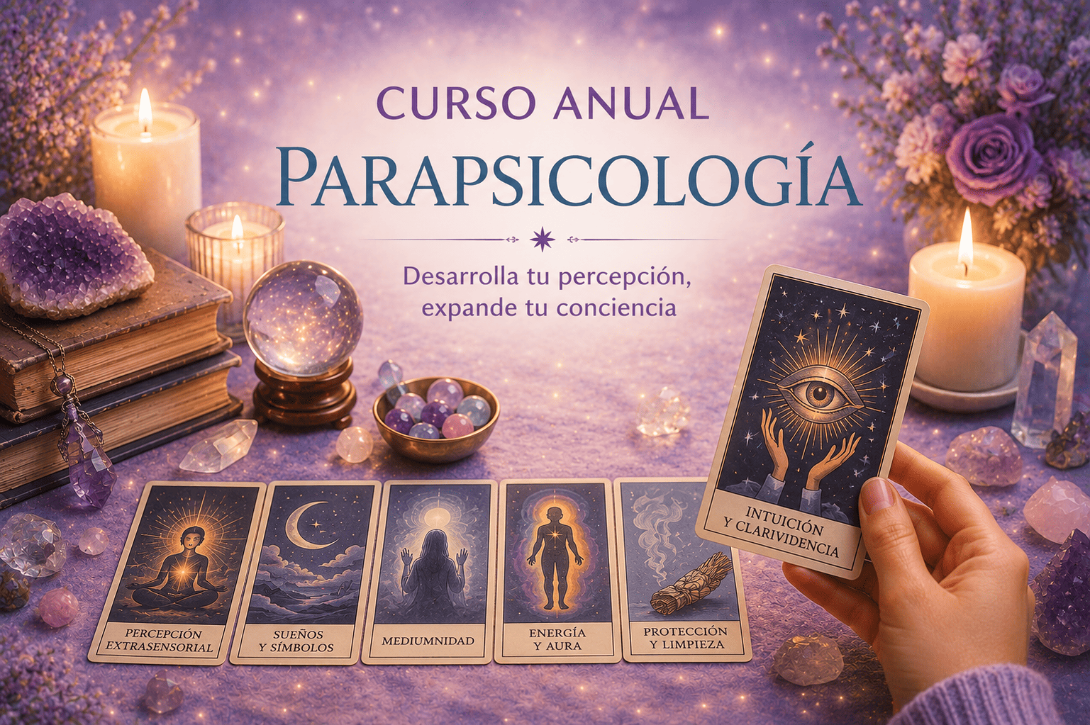 Curso Anual de Parapsicología en Barcelona. Imagen con elementos relacionados con la percepción extrasensorial, la mediumnidad, la intuición, la energía y los fenómenos paranormales, acompañados de velas y cristales. Formación presencial y online para estudiar la parapsicología desde una perspectiva seria, práctica y accesible.