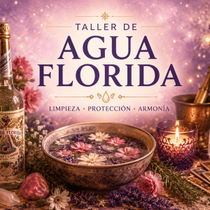 Taller de Agua Florida con flores, cristales, velas, cartas de tarot y una botella de Agua Florida sobre un altar esotérico iluminado. Formación práctica para aprender a elaborar Agua Florida artesanal.
