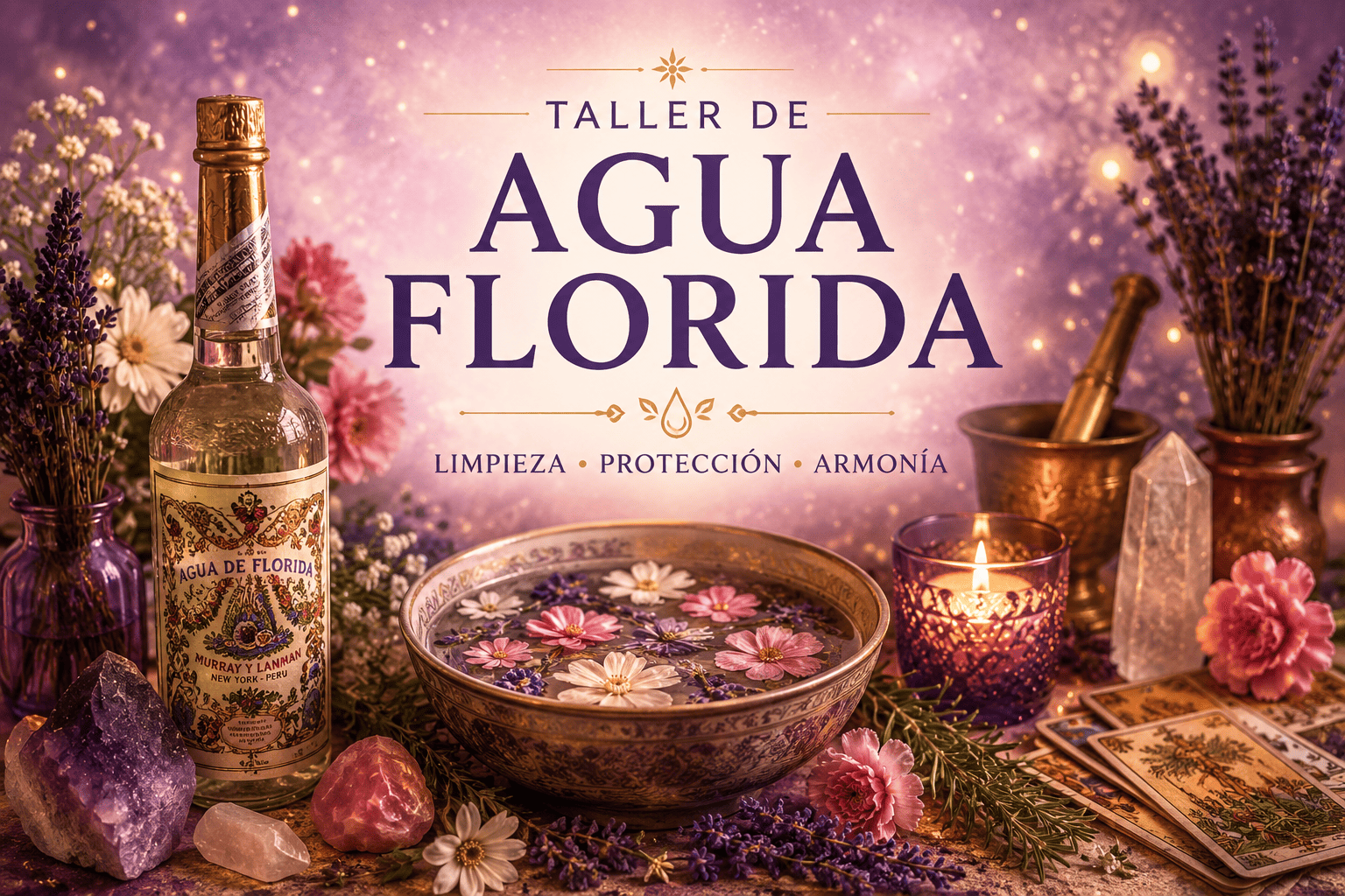 Taller de Agua Florida con flores, cristales, velas, cartas de tarot y una botella de Agua Florida sobre un altar esotérico iluminado. Formación práctica para aprender a elaborar Agua Florida artesanal.