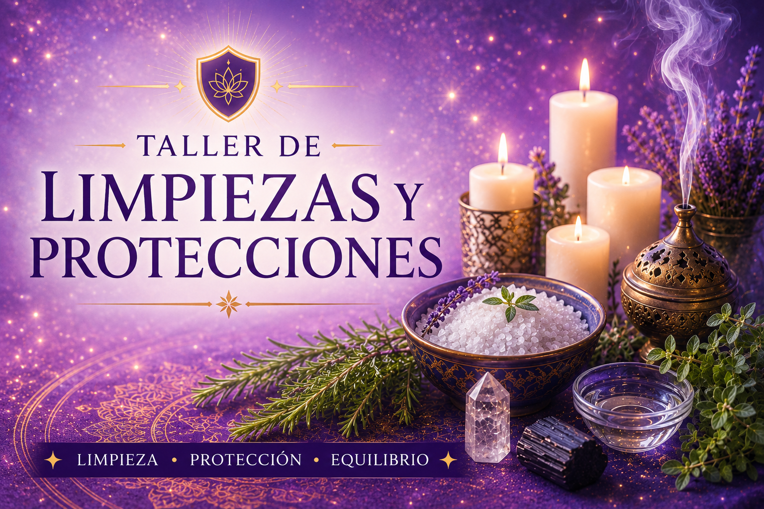 Taller de Agua Florida con flores, cristales, velas, cartas de tarot y una botella de Agua Florida sobre un altar esotérico iluminado. Formación práctica para aprender a elaborar Agua Florida artesanal.