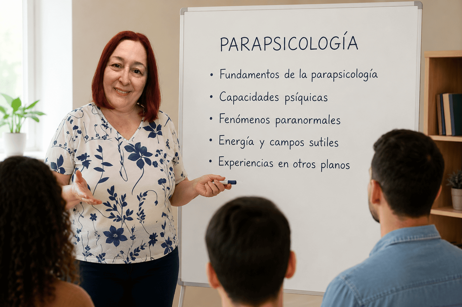 Olga Rull impartiendo una clase de Parapsicología Presencial en EON Formación ante un grupo de alumnos, explicando conceptos relacionados con la percepción extrasensorial, los fenómenos paranormales y la conciencia.