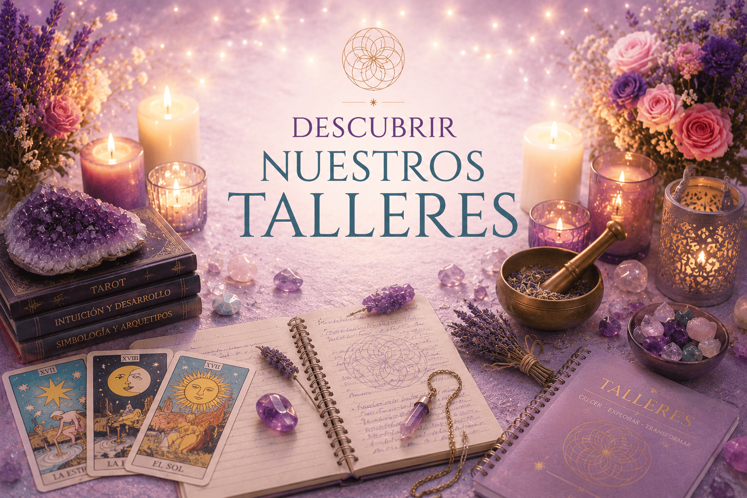Talleres presenciales en Barcelona de EON Formación. Imagen promocional con cartas de Tarot, cuadernos de estudio, cristales, velas, hierbas y elementos esotéricos utilizados en talleres prácticos de Tarot, Parapsicología, rituales, protección energética y desarrollo personal. Formación presencial en Barcelona con grupos reducidos.