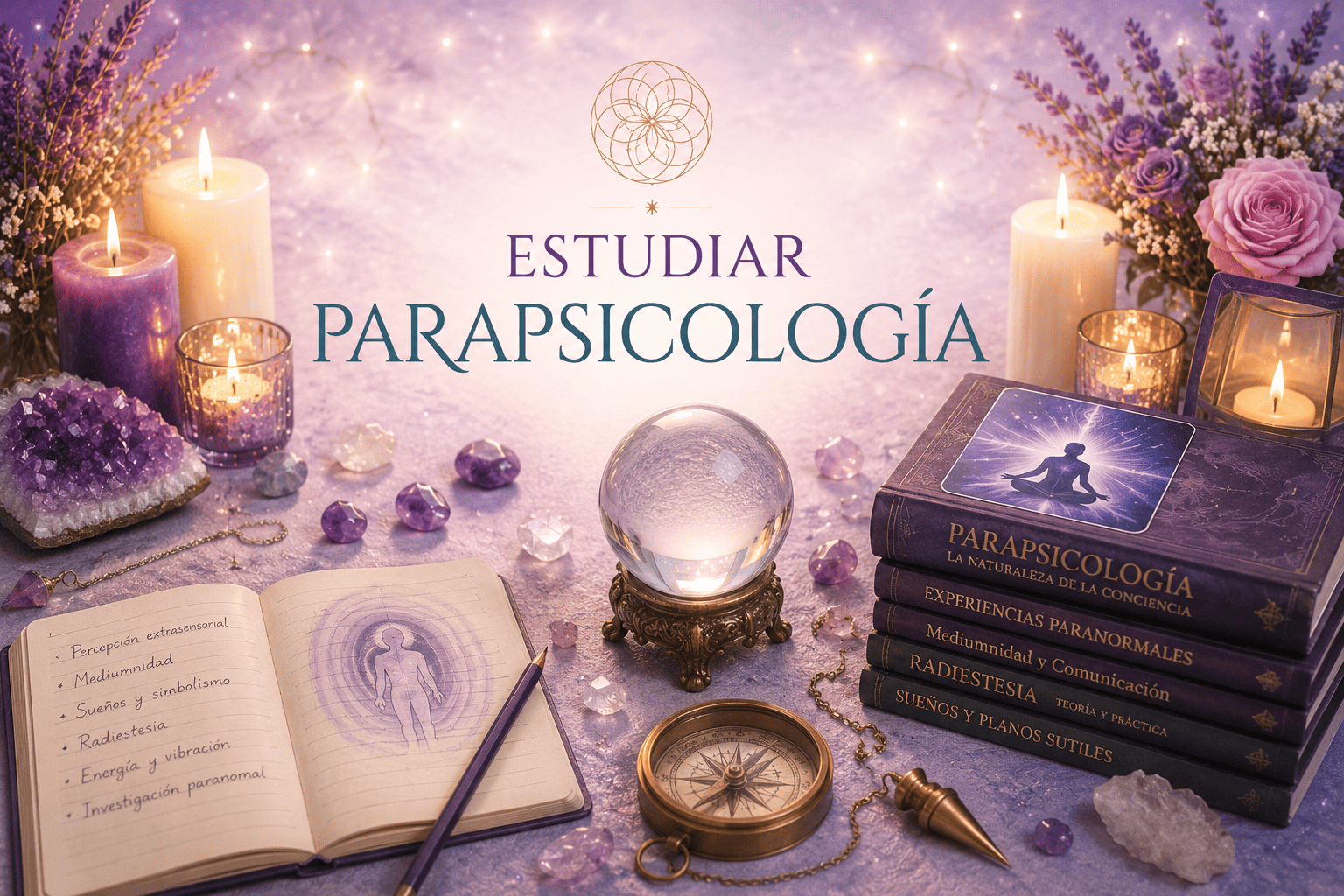 Estudiar Parapsicología en Barcelona con EON Formación. Imagen promocional con libros, péndulo, brújula, esfera de cristal, cristales y elementos relacionados con la percepción extrasensorial, la mediumnidad y la investigación paranormal. Formación presencial en Barcelona especializada en Parapsicología.