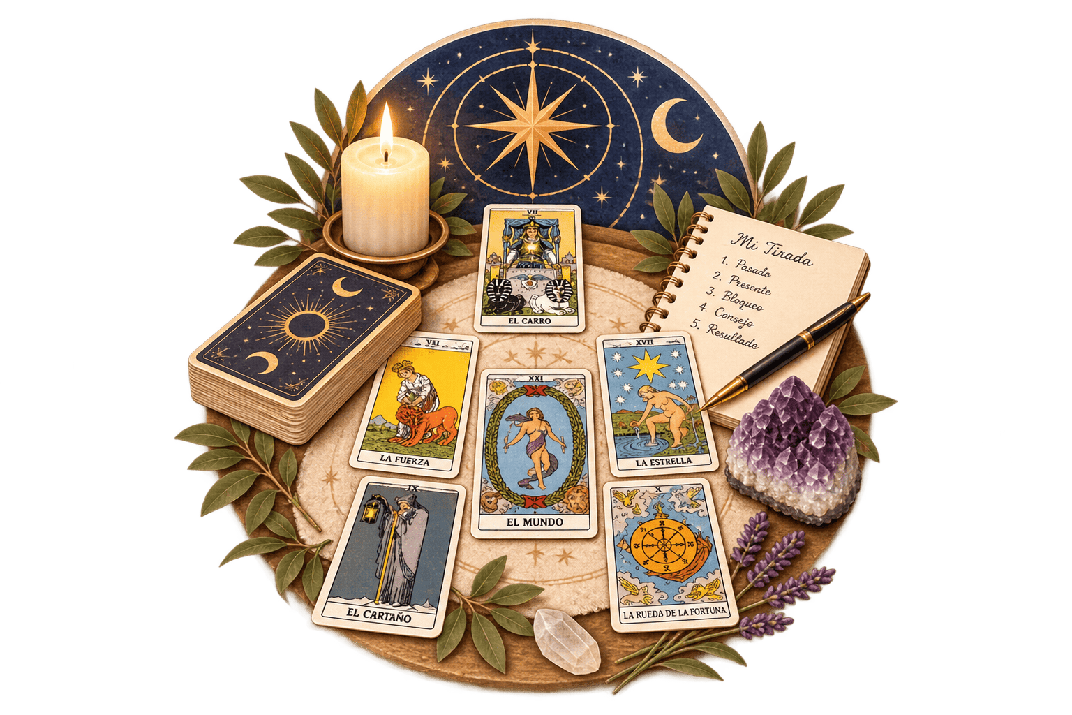 Tirada de Tarot con Arcanos Mayores Rider Waite para aprender a formular preguntas y realizar lecturas completas.