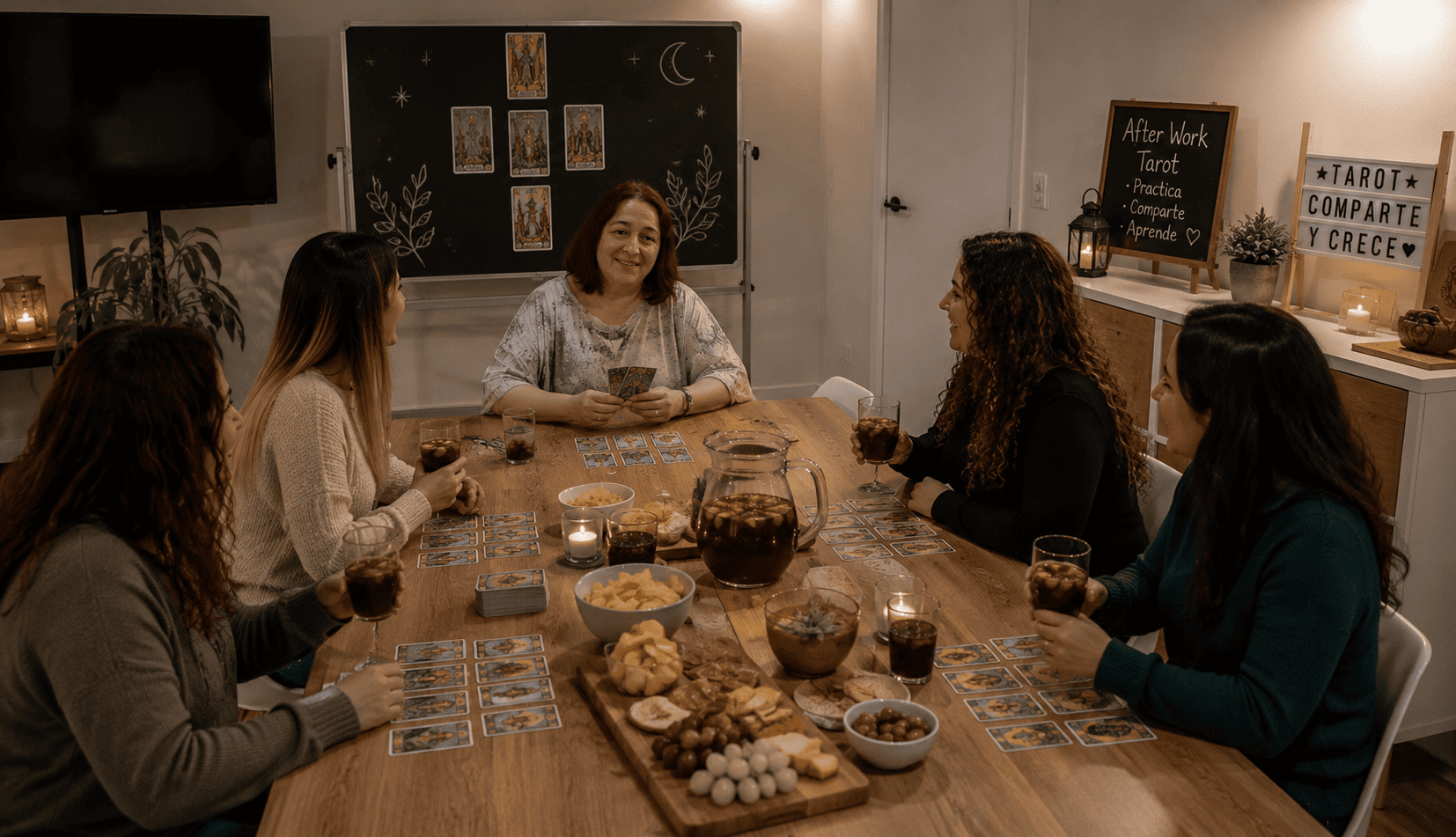 After Work Tarot presencial en Barcelona con prácticas de tiradas de Tarot en grupo en EON Formación.