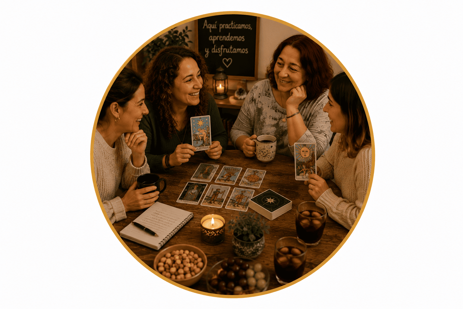 Grupo practicando Tarot en un ambiente relajado durante el After Work Tarot de EON Formación en Barcelona