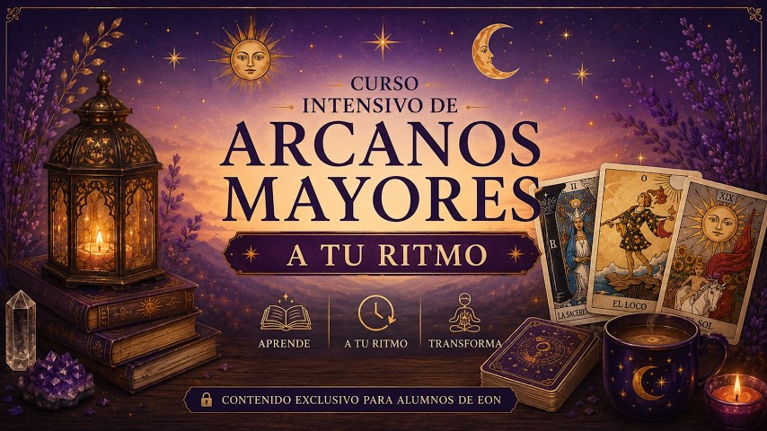 Portada del Curso Intensivo de Arcanos Mayores a tu ritmo de EON Formación, un curso online para aprender a interpretar los 22 Arcanos Mayores del Tarot desde cero.