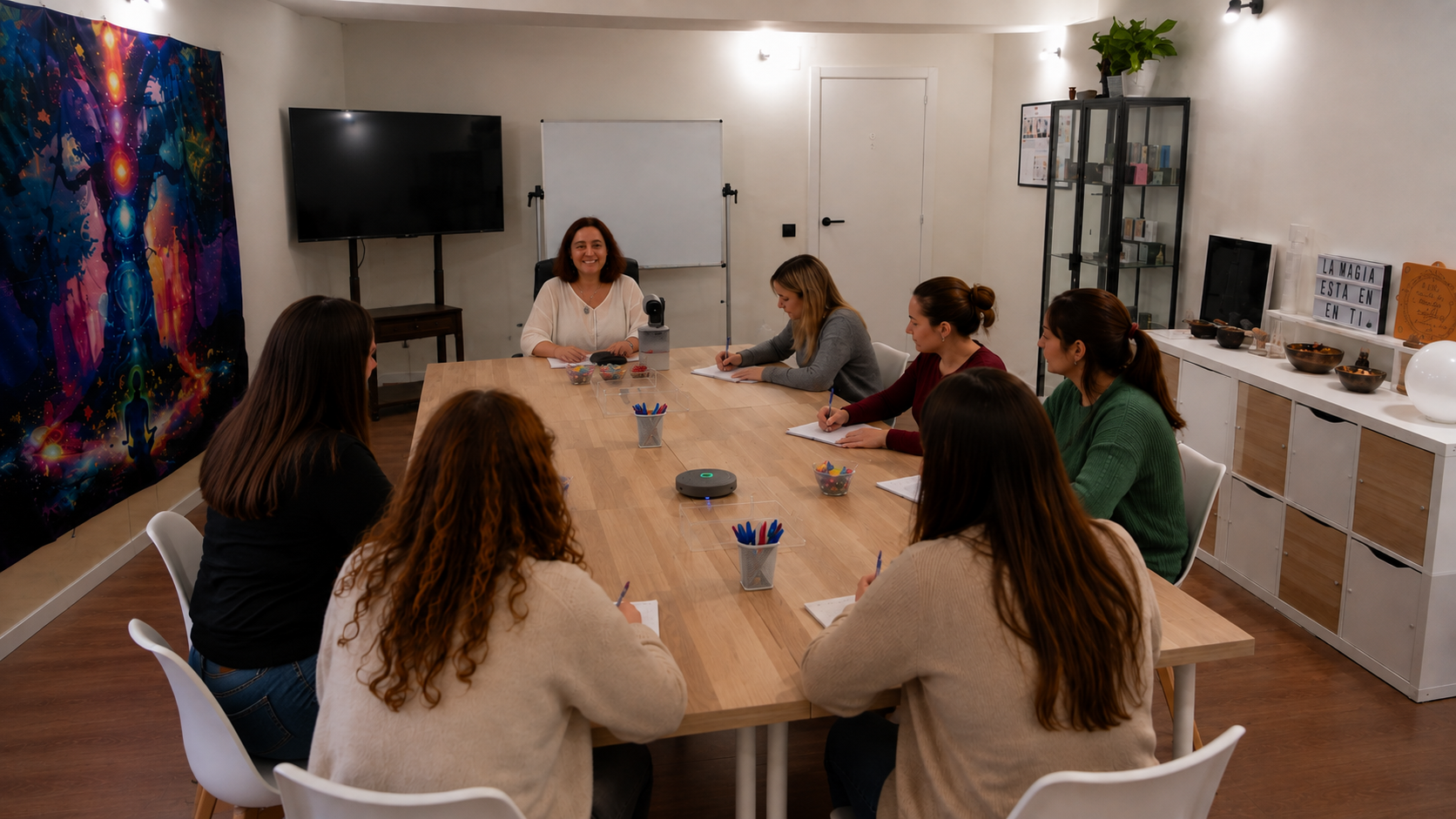 Aula de EON Formación en Barcelona durante una clase presencial con alumnas y profesora.