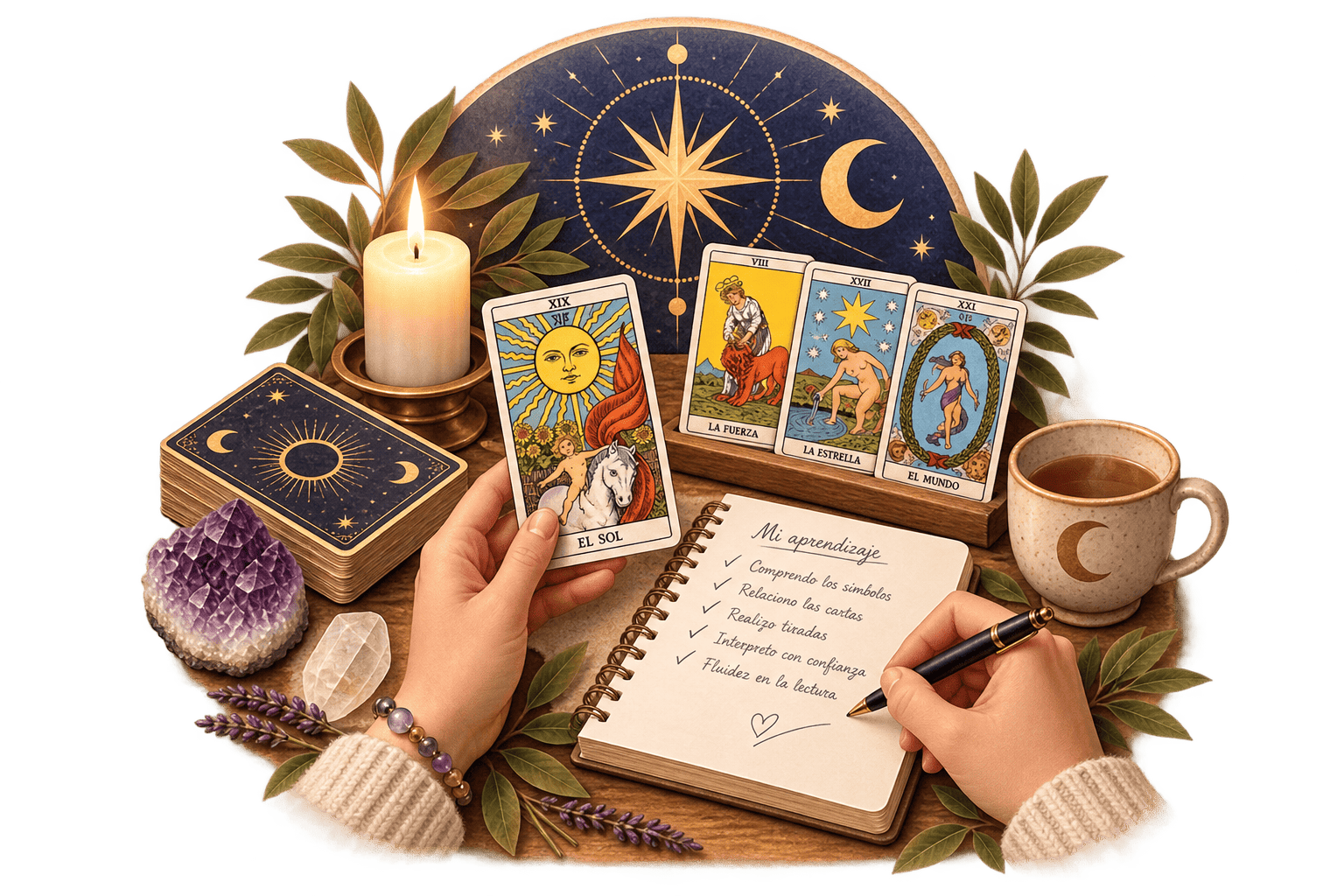 Práctica de Tarot con Arcanos Mayores Rider Waite para ganar seguridad y fluidez en la interpretación de las cartas.