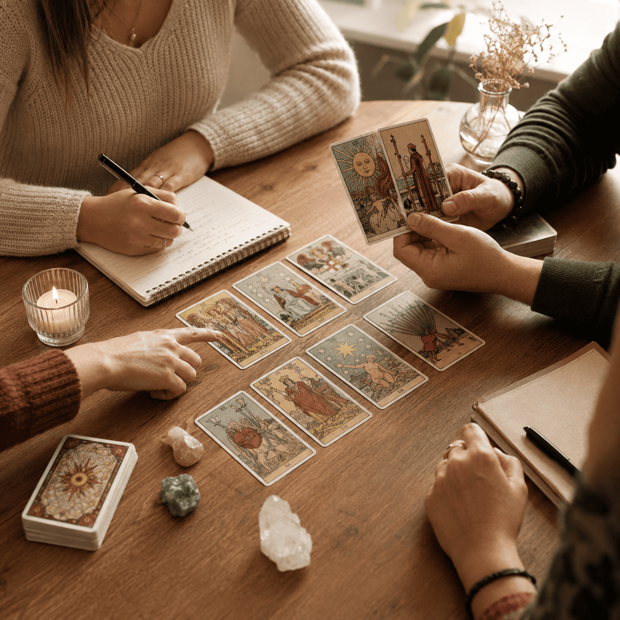 Alumnado realizando prácticas presenciales de Tarot en Barcelona para ganar confianza y fluidez en sus lecturas.