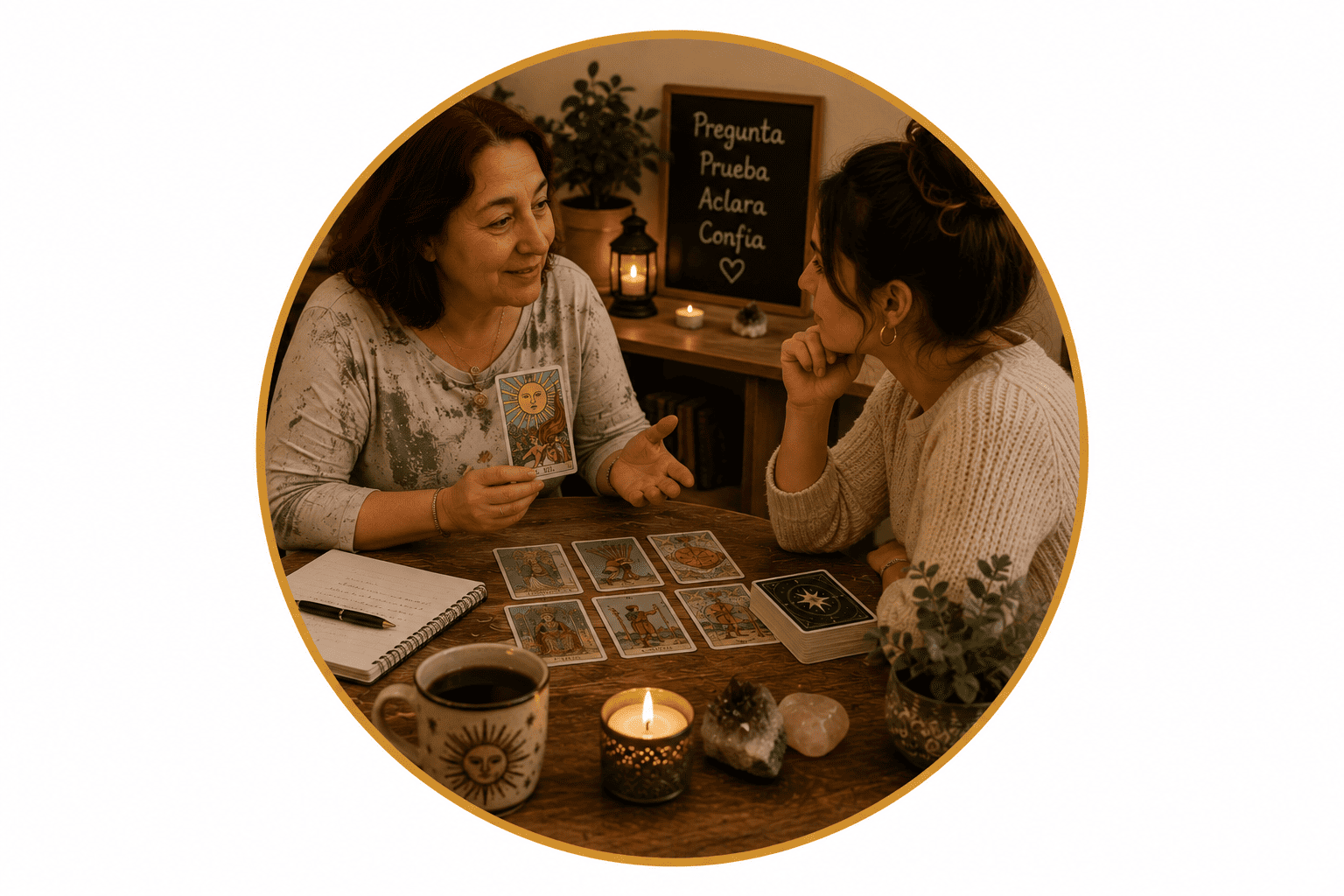 Resolución de dudas durante una práctica de Tarot presencial en EON Formación Barcelona