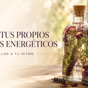 Portada del taller Crea tus propios elixires energéticos con frasco de plantas, flores y cristales.