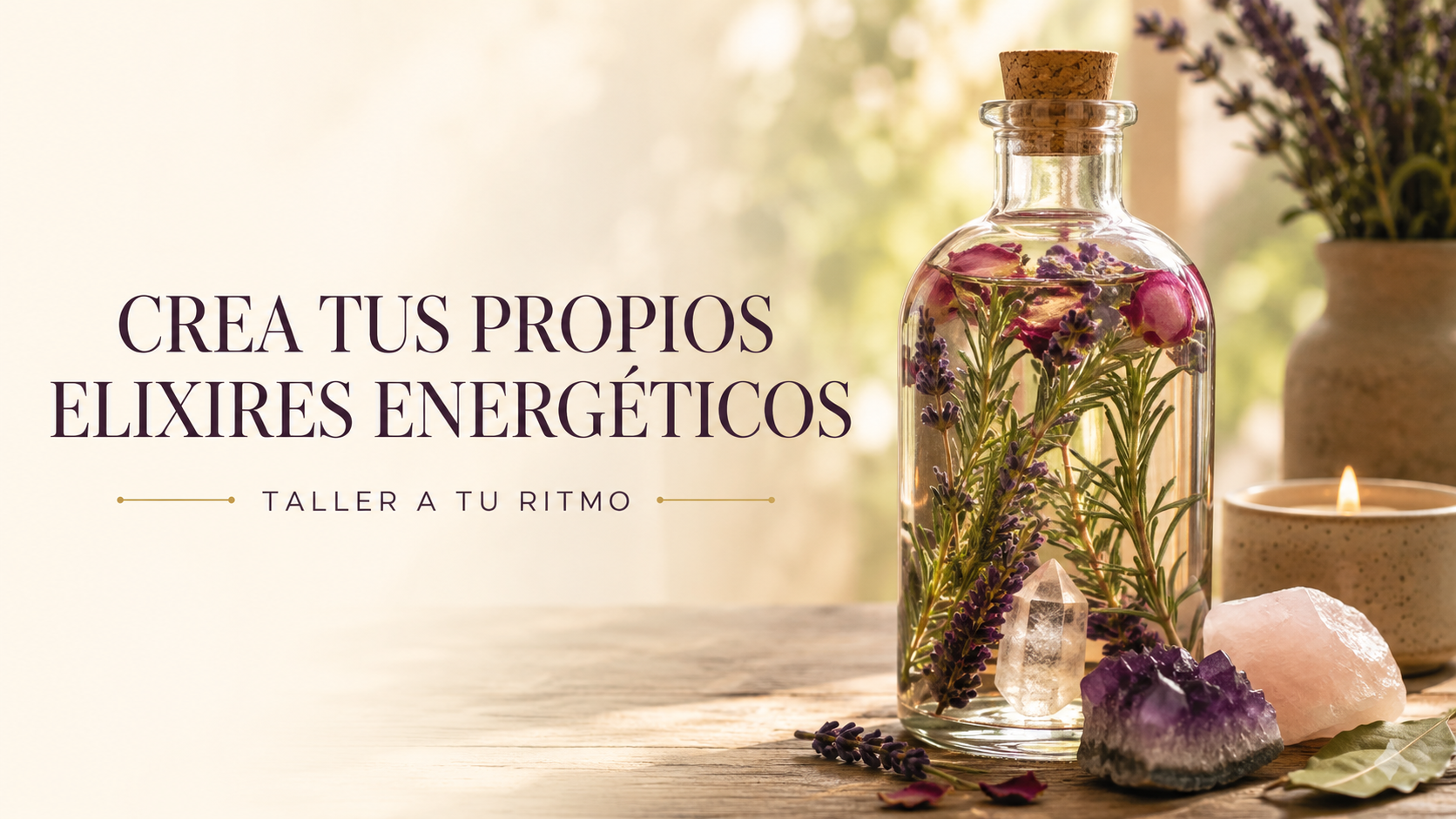 Portada del taller Crea tus propios elixires energéticos con frasco de plantas, flores y cristales.