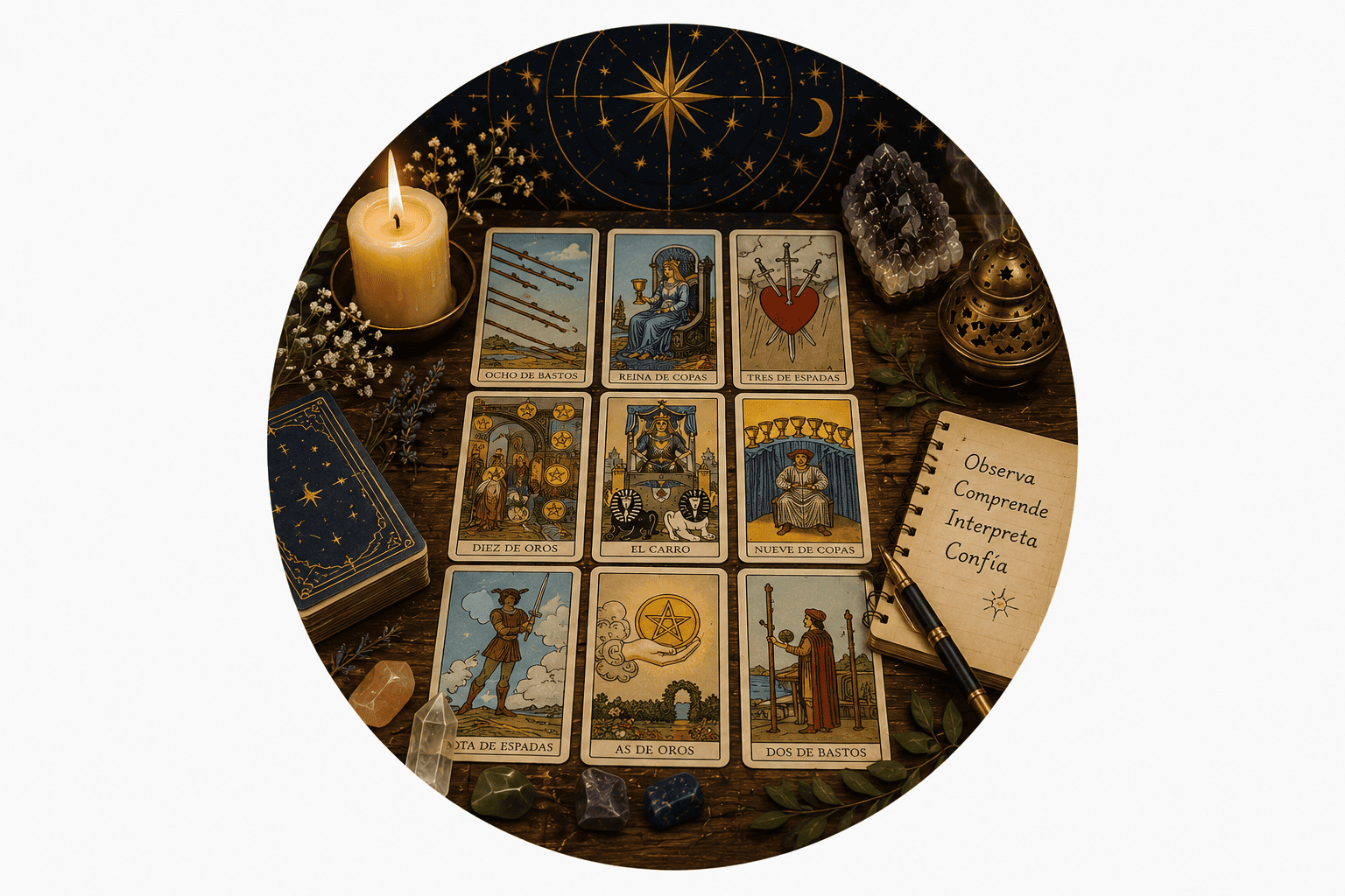 Tirada de Arcanos Menores del Tarot para practicar lecturas e interpretación de cartas en EON Formación.