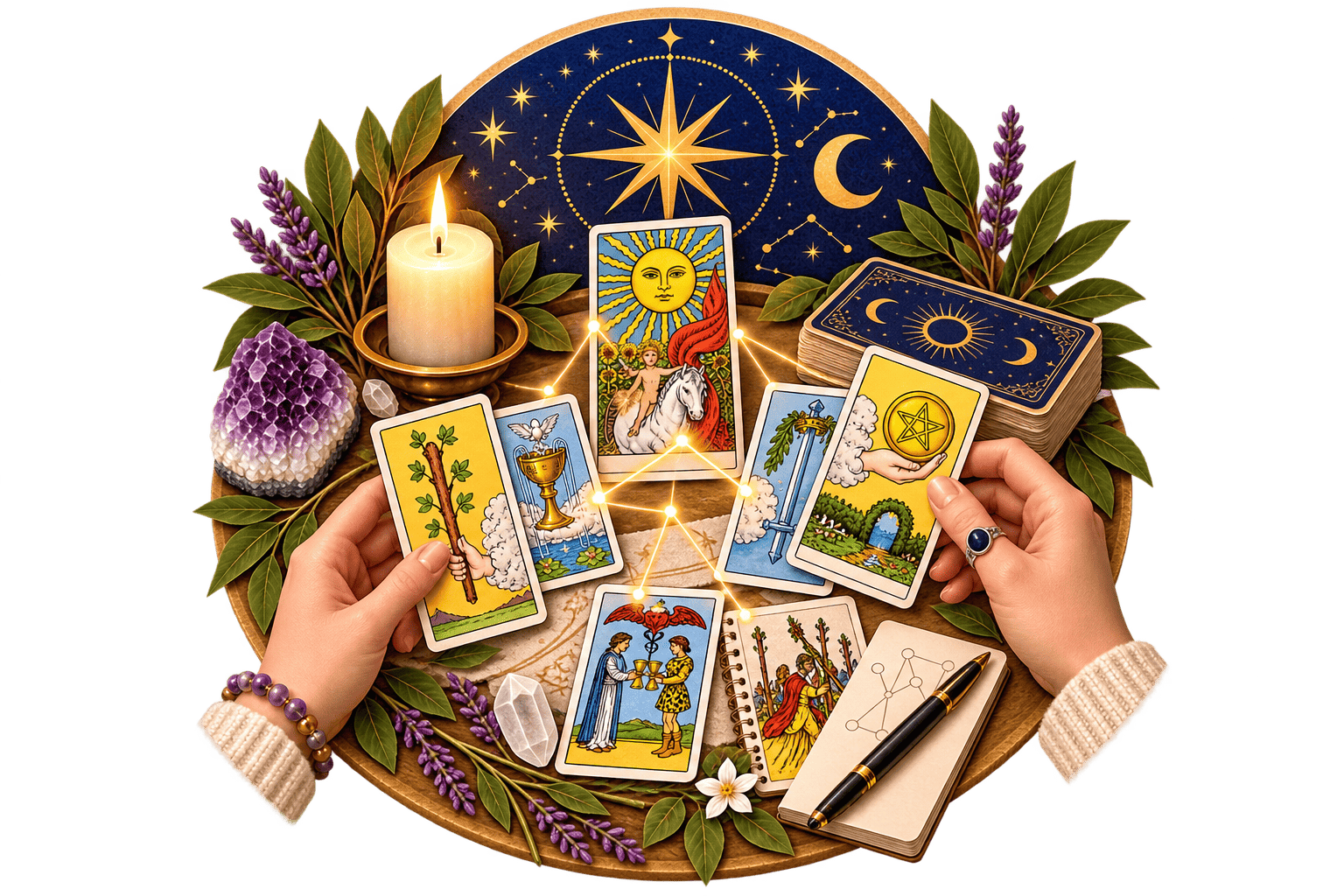 Icono de interpretación de los 56 Arcanos Menores del Tarot con cartas, cuaderno de estudio y elementos simbólicos.