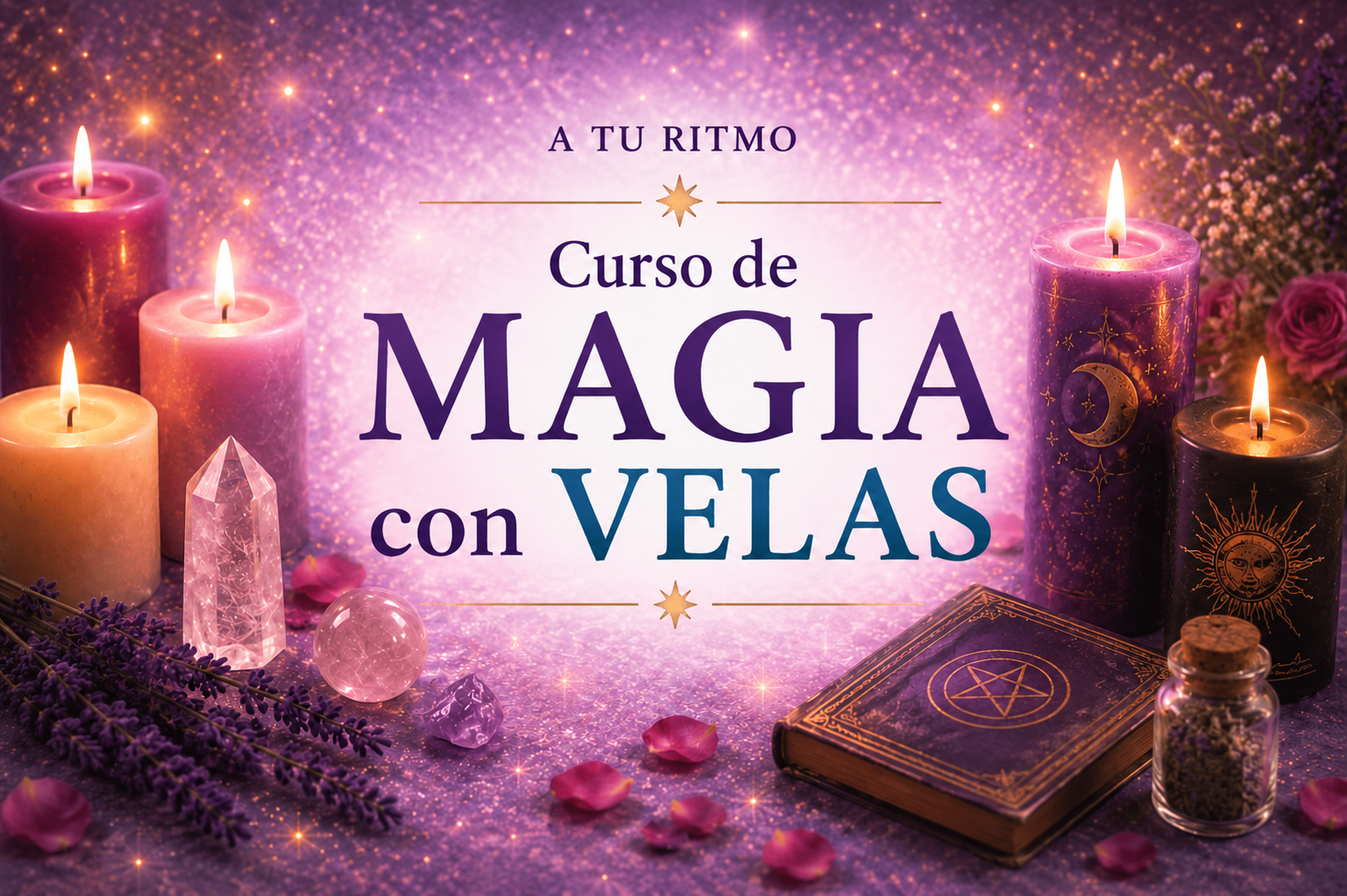 Curso de magia con velas online y a tu ritmo con velas encendidas, cristales y elementos rituales