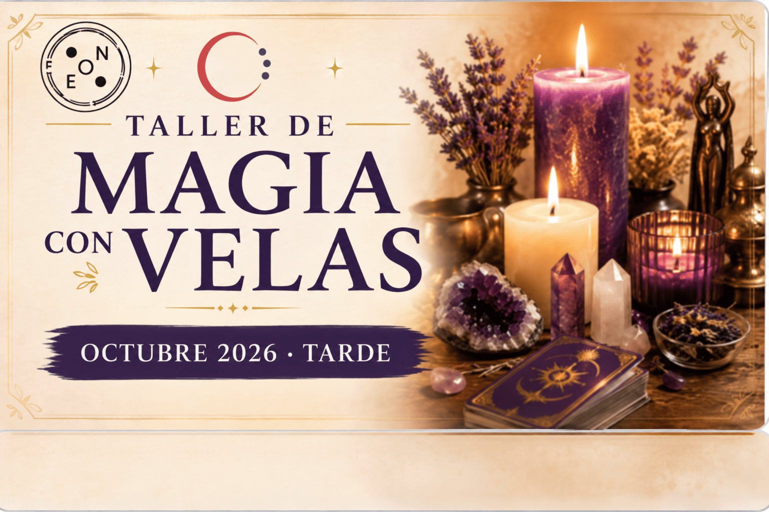 Cartel del Taller de Magia con Velas de EON Formación en Barcelona, octubre de 2026 en horario de tarde.