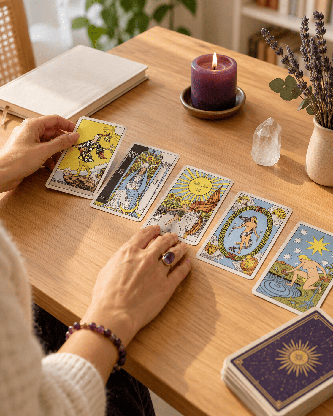 Alumna practicando con los Arcanos Mayores del Tarot Rider-Waite en EON Formación