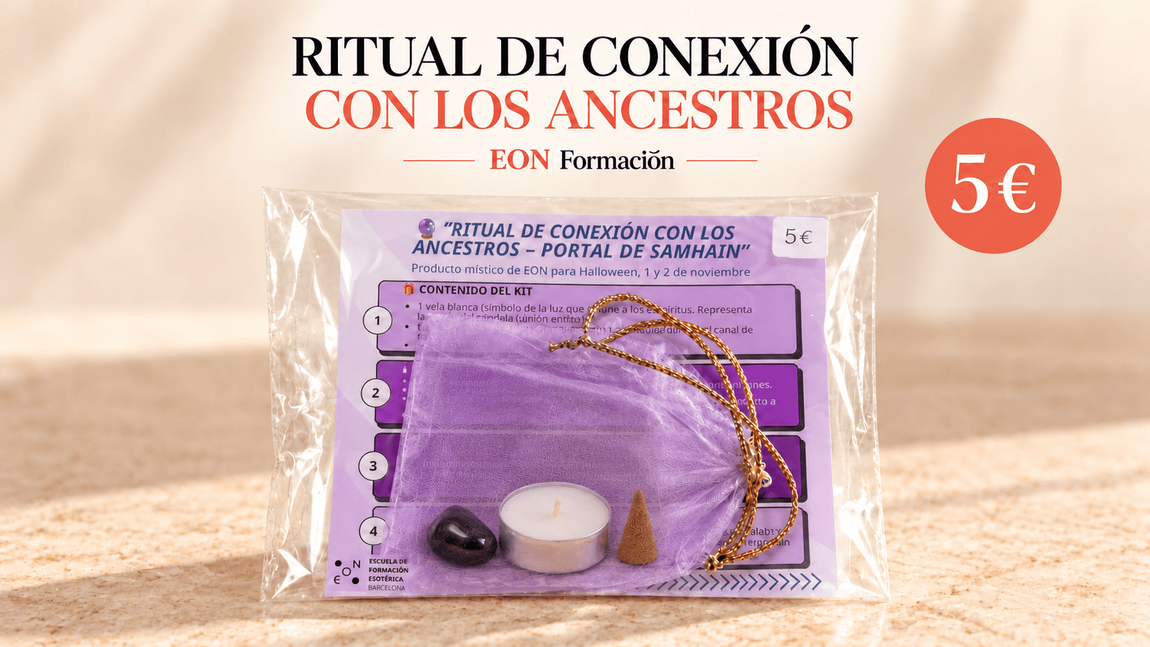 Kit de ritual de conexión con los ancestros de EON Formación, con bolsita lila, vela de té, cono de incienso, obsidiana e instrucciones.