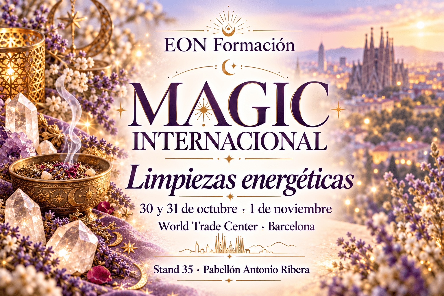 Cartel de limpiezas energéticas de EON Formación en Magic Internacional 2026, Barcelona, con cristales, hierbas e incienso.